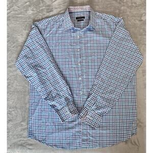 Bugatchi Classic Fit Plaid Button Down Mens Shirt Blue White Flip Cuff Trim L